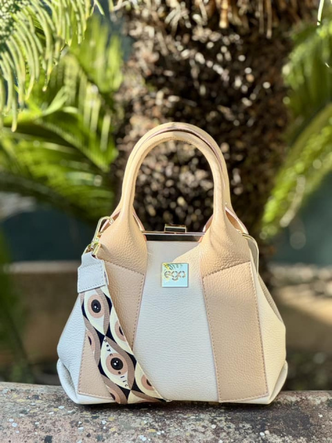 EGO ES0273PS Dwustronna torebka na bigiel z ozdobnymi pasami tricolor skóra beż