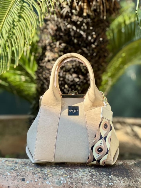 EGO ES0273PS Dwustronna torebka na bigiel z ozdobnymi pasami tricolor skóra beż